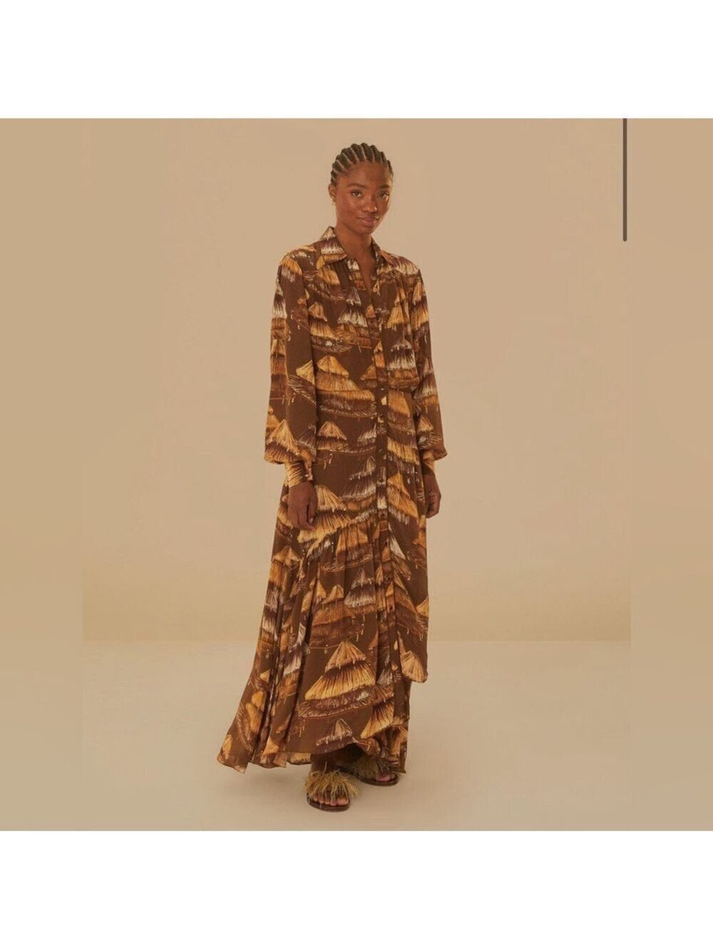 Farm Rio Malocas Beige Long Sleeve Midi Dress